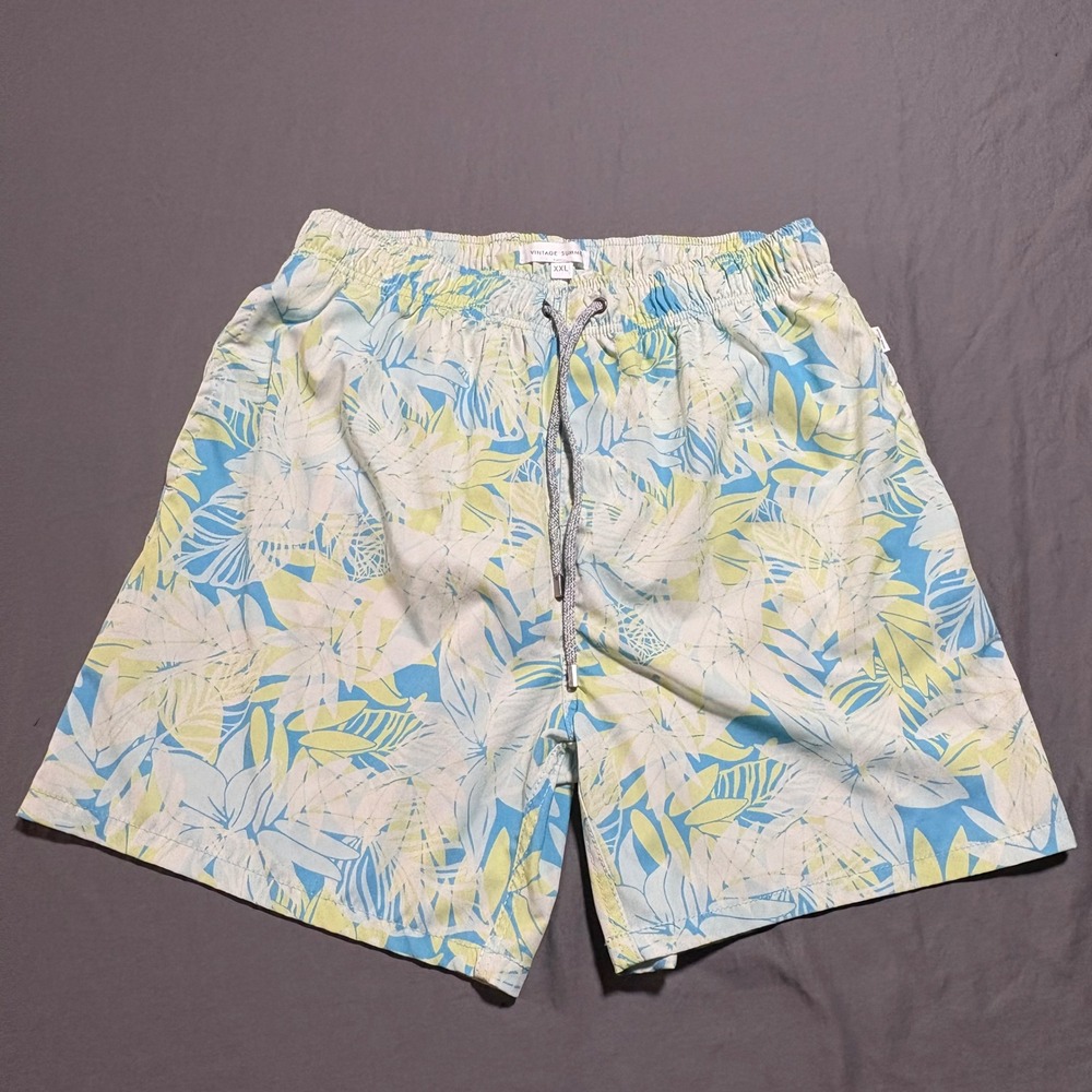 Vintage Summer Mens XXL Tropical Leaf Swim Trunks Blue‎ Green V70724